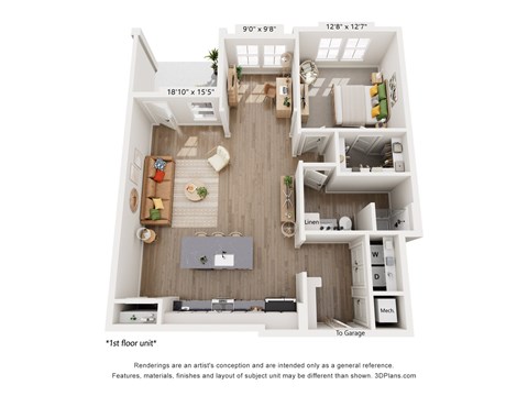 A 3D floor plan of a two-bedroom apartment with a living room, kitchen, and two bathrooms.